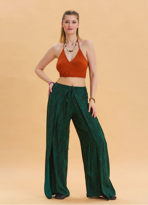 Green Ethnic Trousers with Elastic Waist and Tie Detail 4471